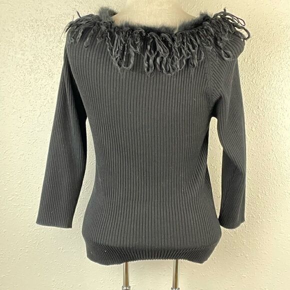 EUC Multiples Womens Black 3/4 Sleeve Top with Fringe and Sequins at Top Size M - Picture 4 of 6
